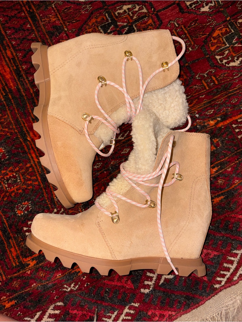 Sorel Women's Joan of Ark Tan Suede Shearling-Lined Lace-Up Wedge Boots